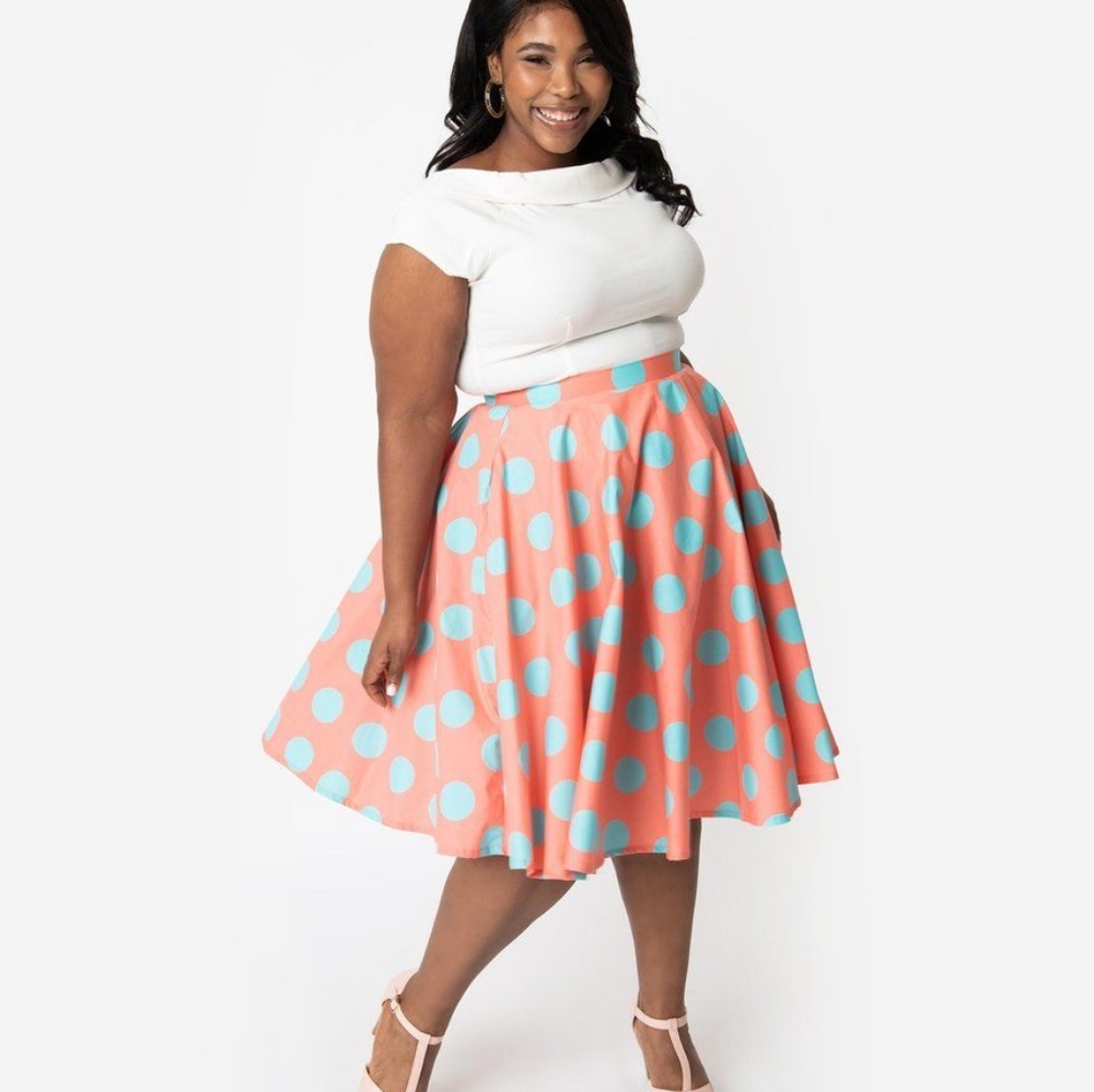 Unique Vintage 1950s Coral Turquoise Polka Dot Swing Skirt EUC